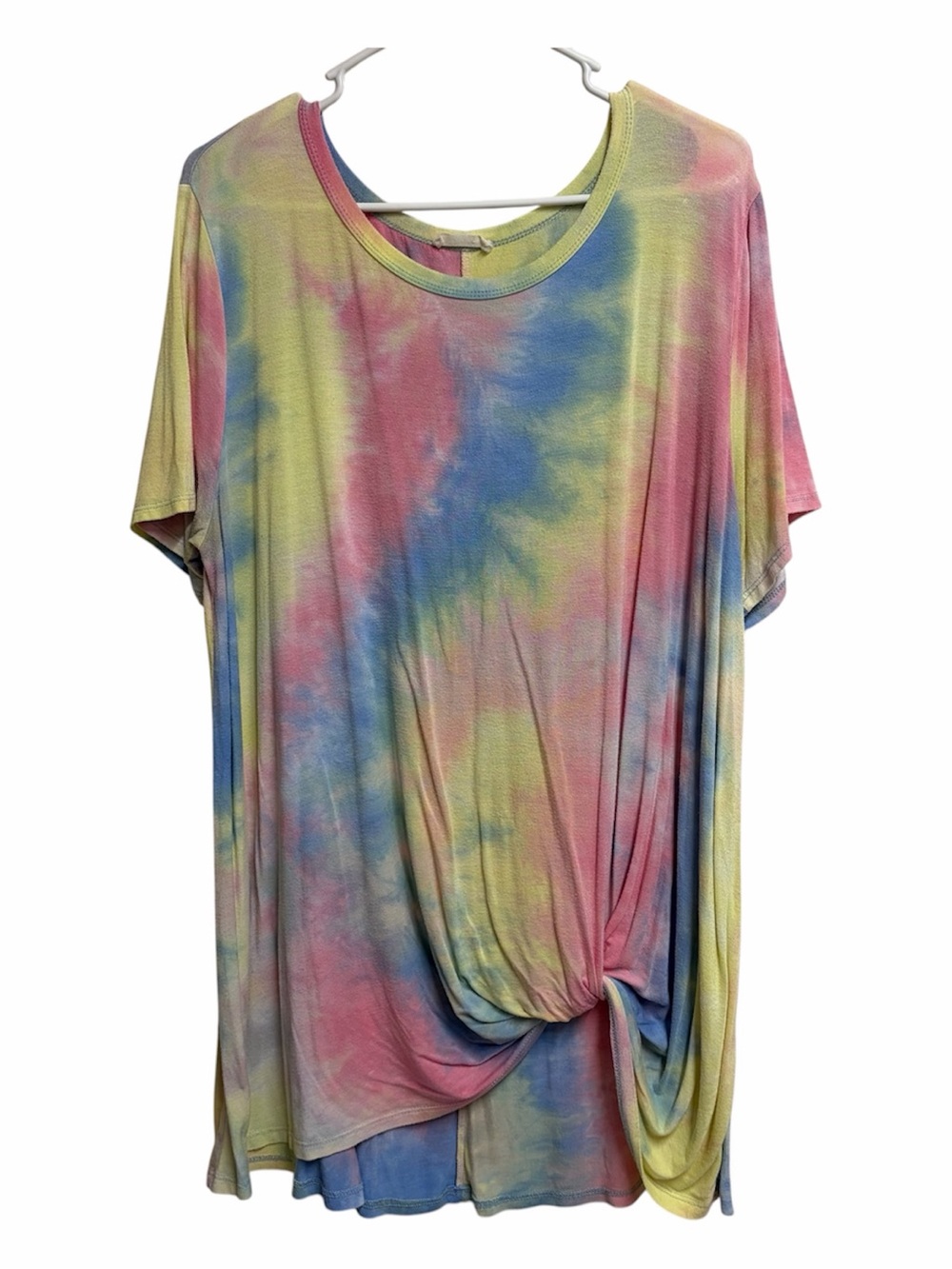 ODDY Tie-Dye Short Sleeve Tee in Pink, Blue & Yellow with Front Knot